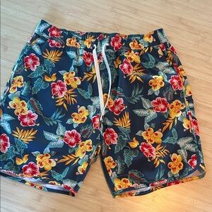 Fair Harbor Navy Floral Swim Trunks with Red & Yellow Blooms